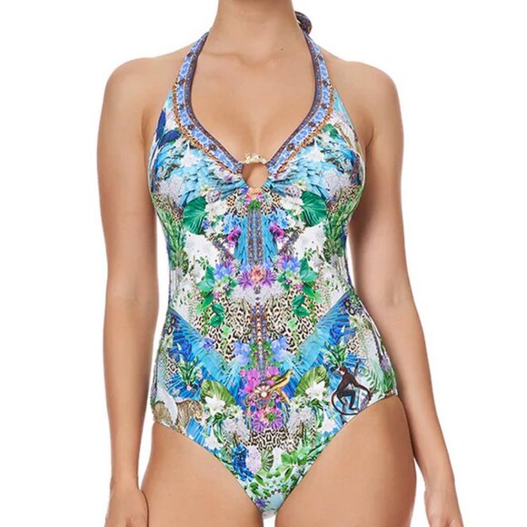 NWT Auc CAMILLA HALTER ONE PIECE "Moon Garden" o ring detail SWIMSUIT XS - Picture 3 of 12